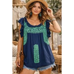J. Marie Flutter Sleeve Ruffled Tunic Blouse Top Navy Blue Green Women's Size M